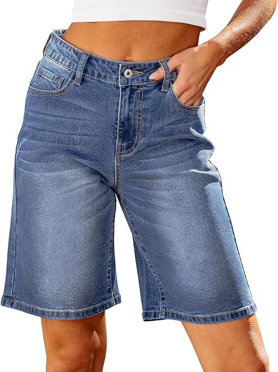 Bermuda Jean Shorts for Women High Waisted Stretchy Denim Shorts