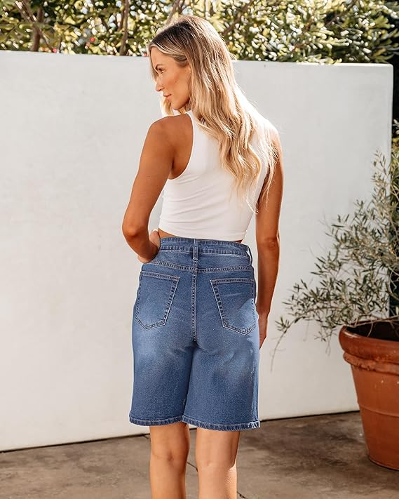 Bermuda Jean Shorts for Women High Waisted Stretchy Denim Shorts