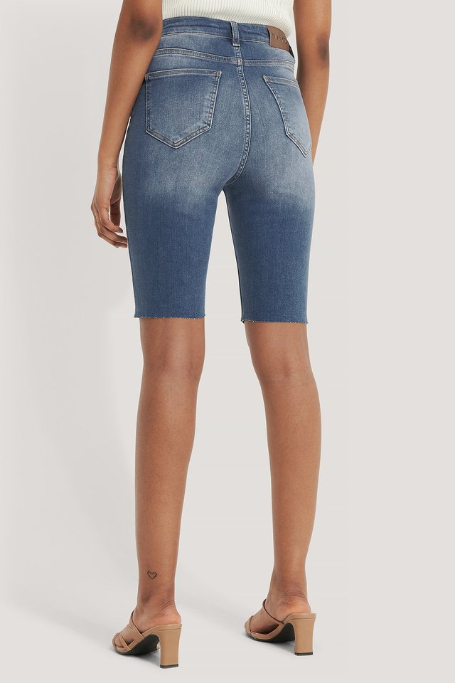 Skinny High Waist Bermuda Shorts Blue For Womens - Side View - AceCart