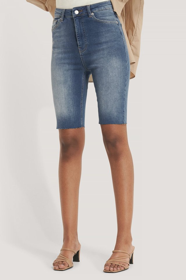 Skinny High Waist Bermuda Shorts Blue For Womens - Left Side View - AceCart