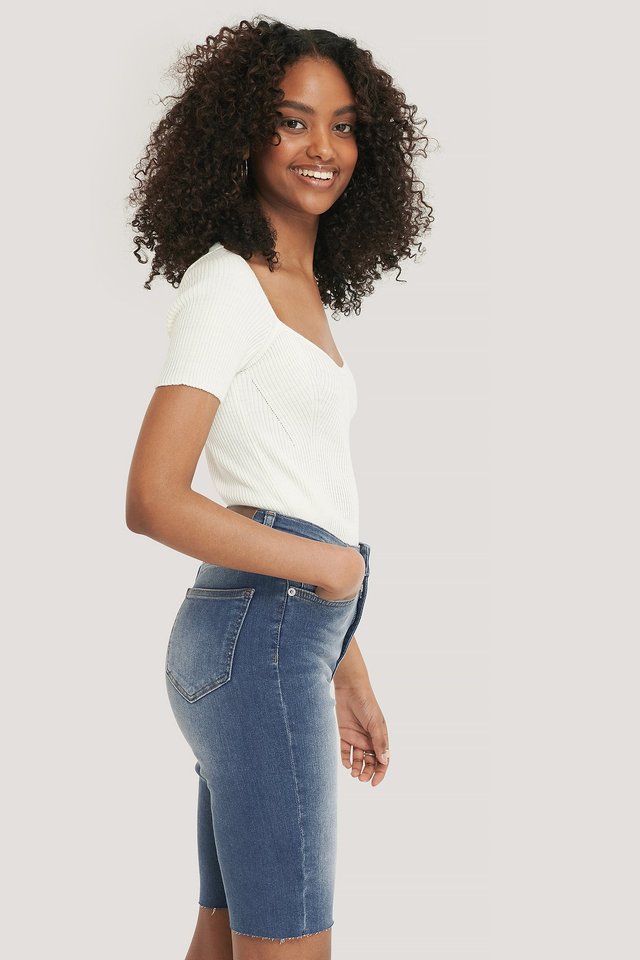 Skinny High Waist Bermuda Shorts Blue For Womens - Right Side View - AceCart