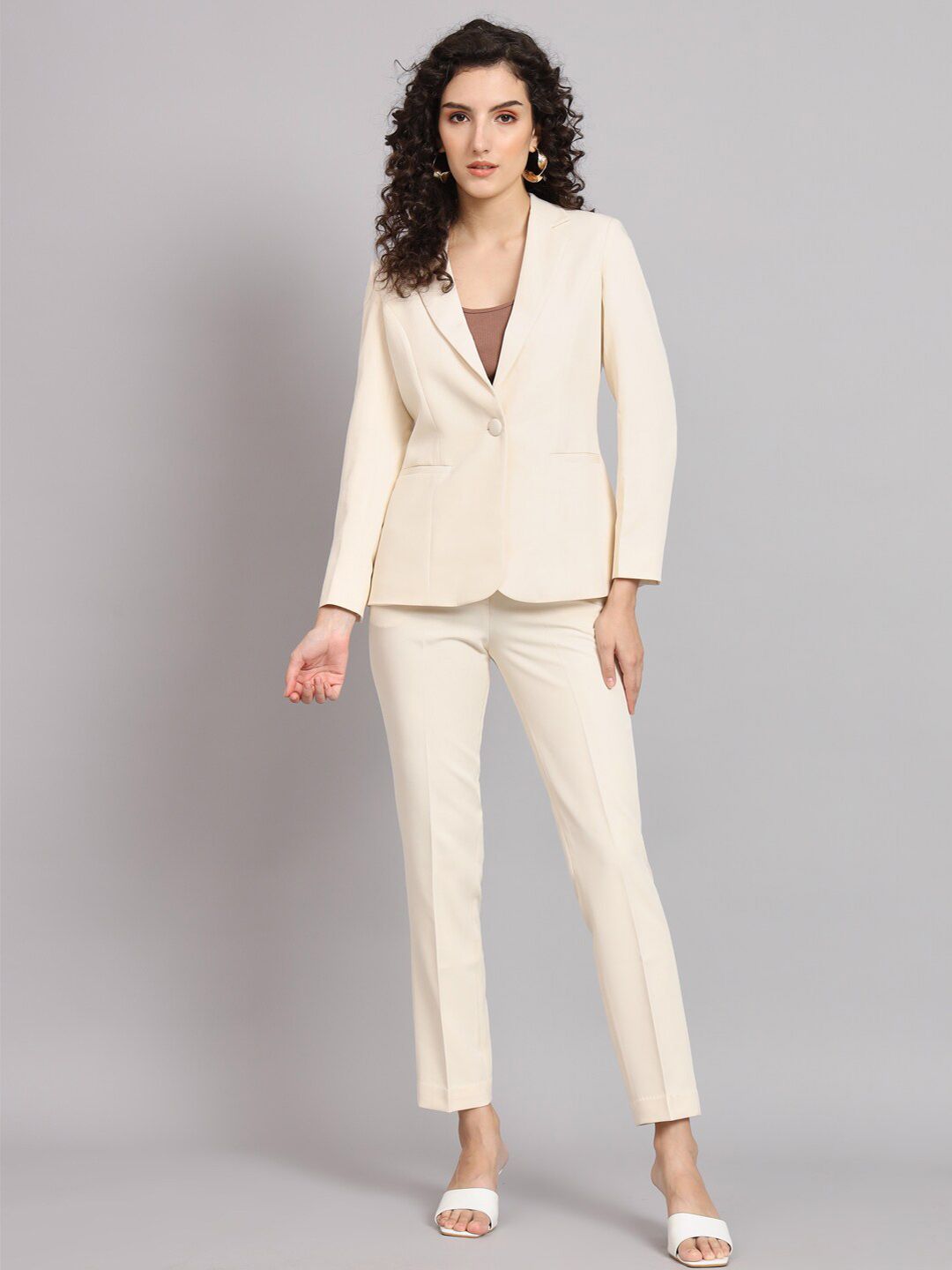 Regular Fit Notched Collar Stretch Pant Suit - Off White