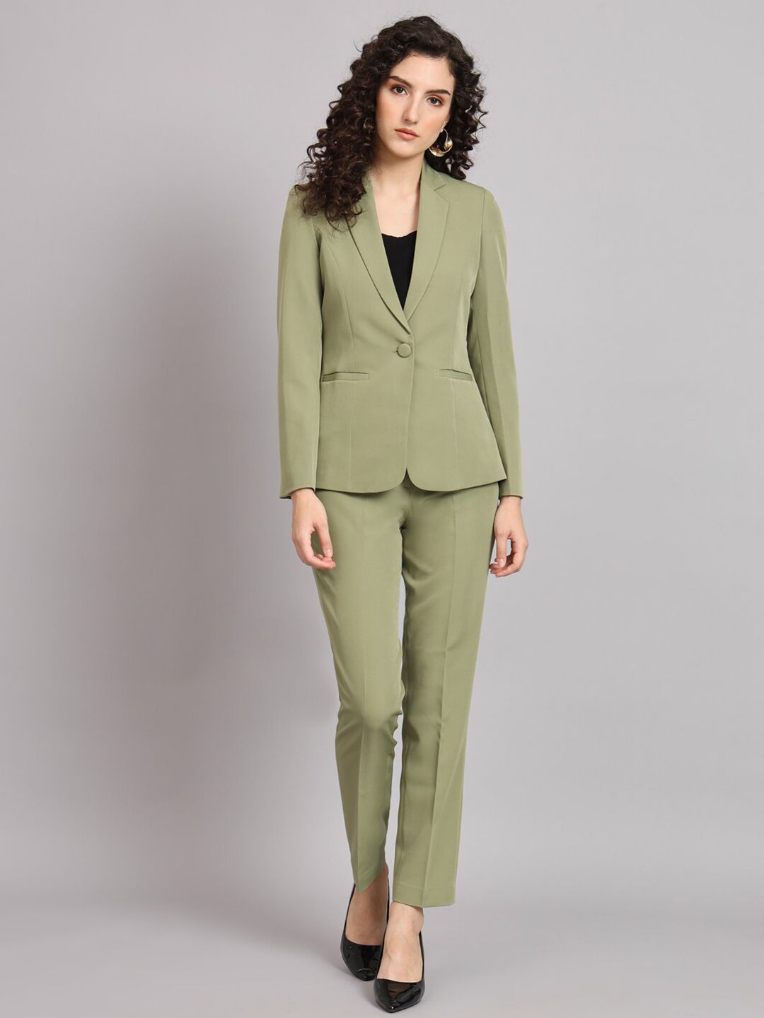 Notched Collar Pant Suit - Olive Green