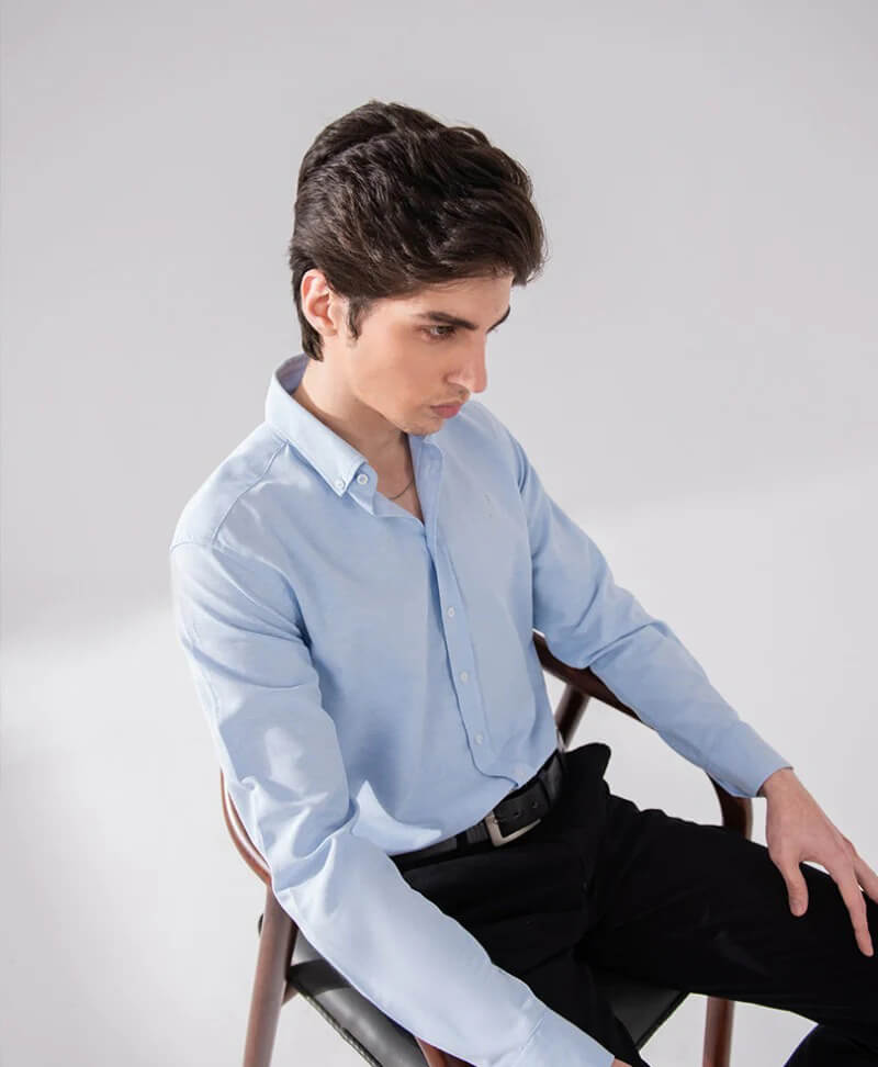 Plain Sky Blue Cotton Shamery Shirt For Mens