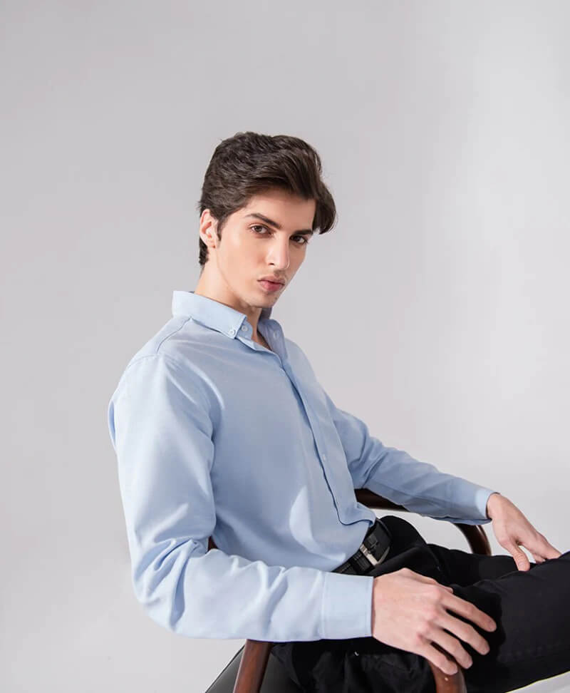 Plain Sky Blue Cotton Shamery Shirt For Mens