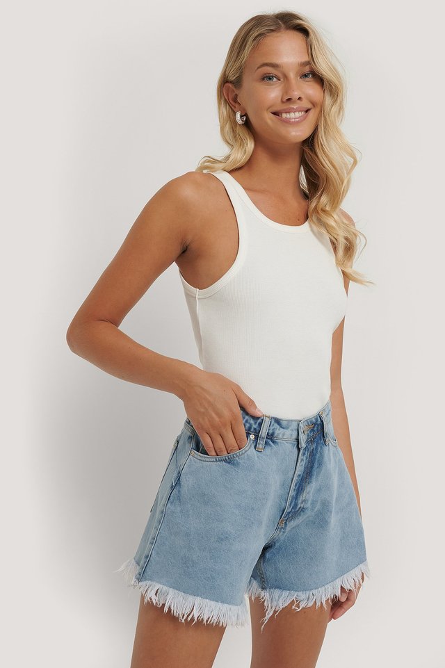 Tasseled Denim Shorts Blue For Womens - Front View - AceCart