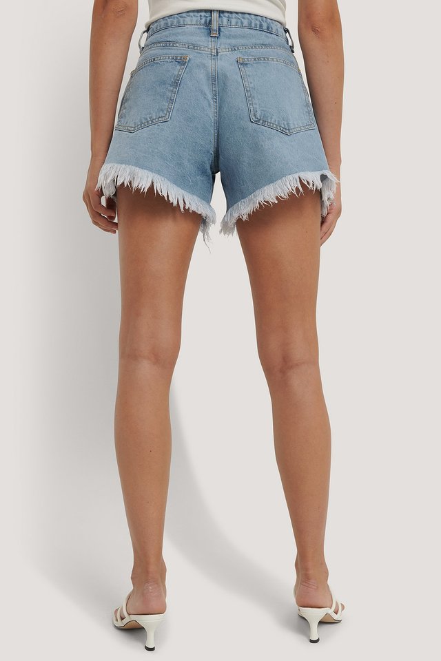 Tasseled Denim Shorts Blue For Womens - Left Side View - AceCart