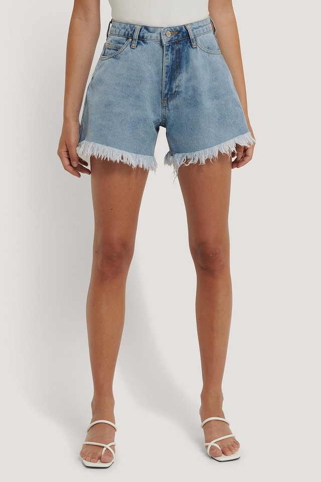 Tasseled Denim Shorts Blue For Womens - Right Side View - AceCart