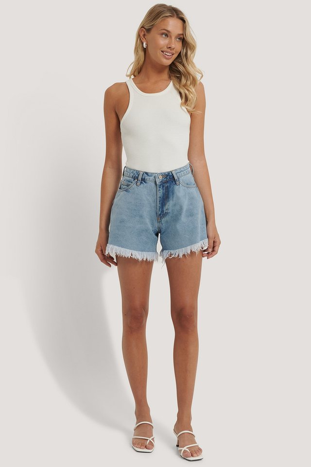 Tasseled Denim Shorts Blue For Womens - Side View - AceCart