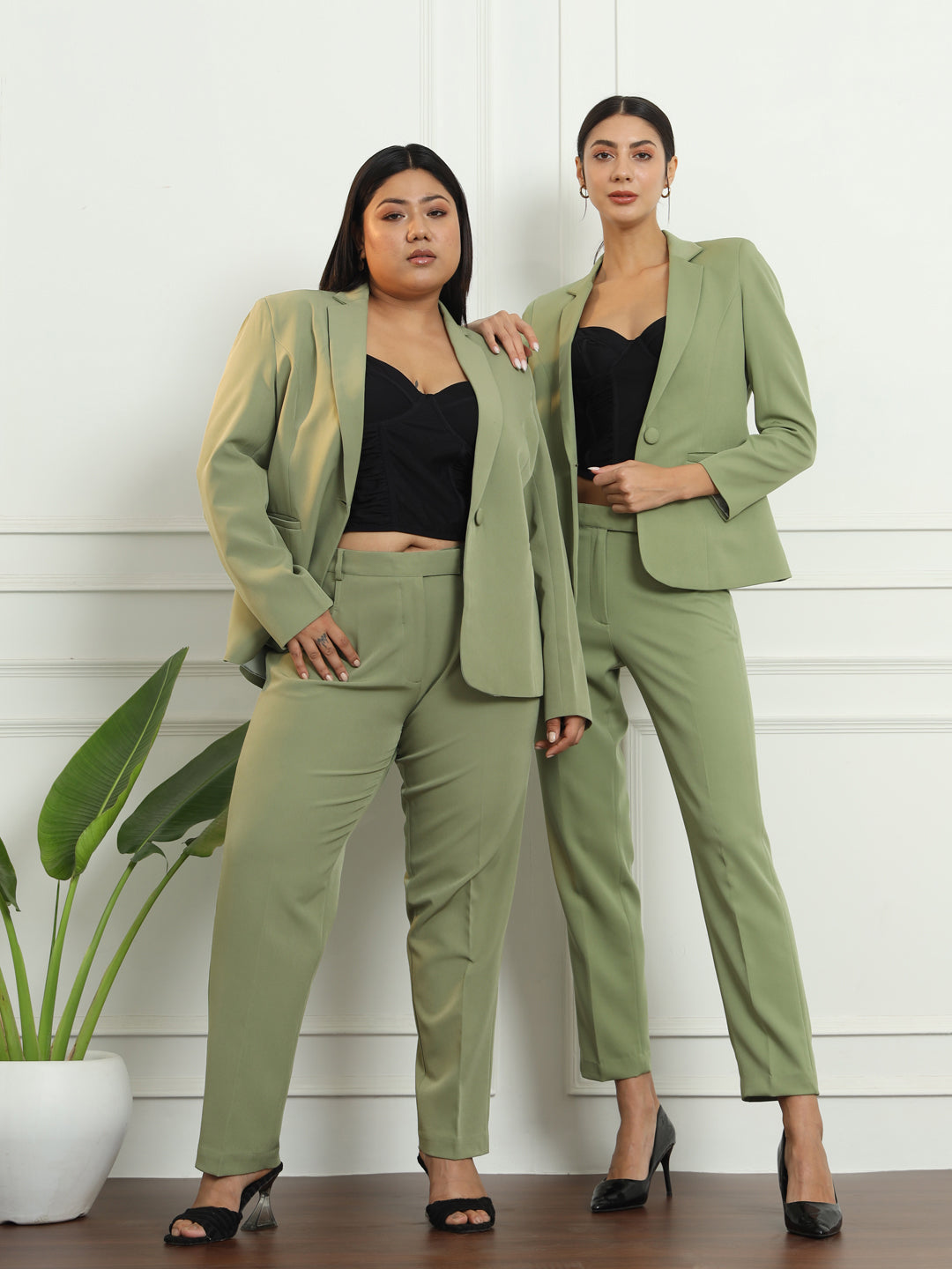 Notched Collar Pant Suit - Olive Green
