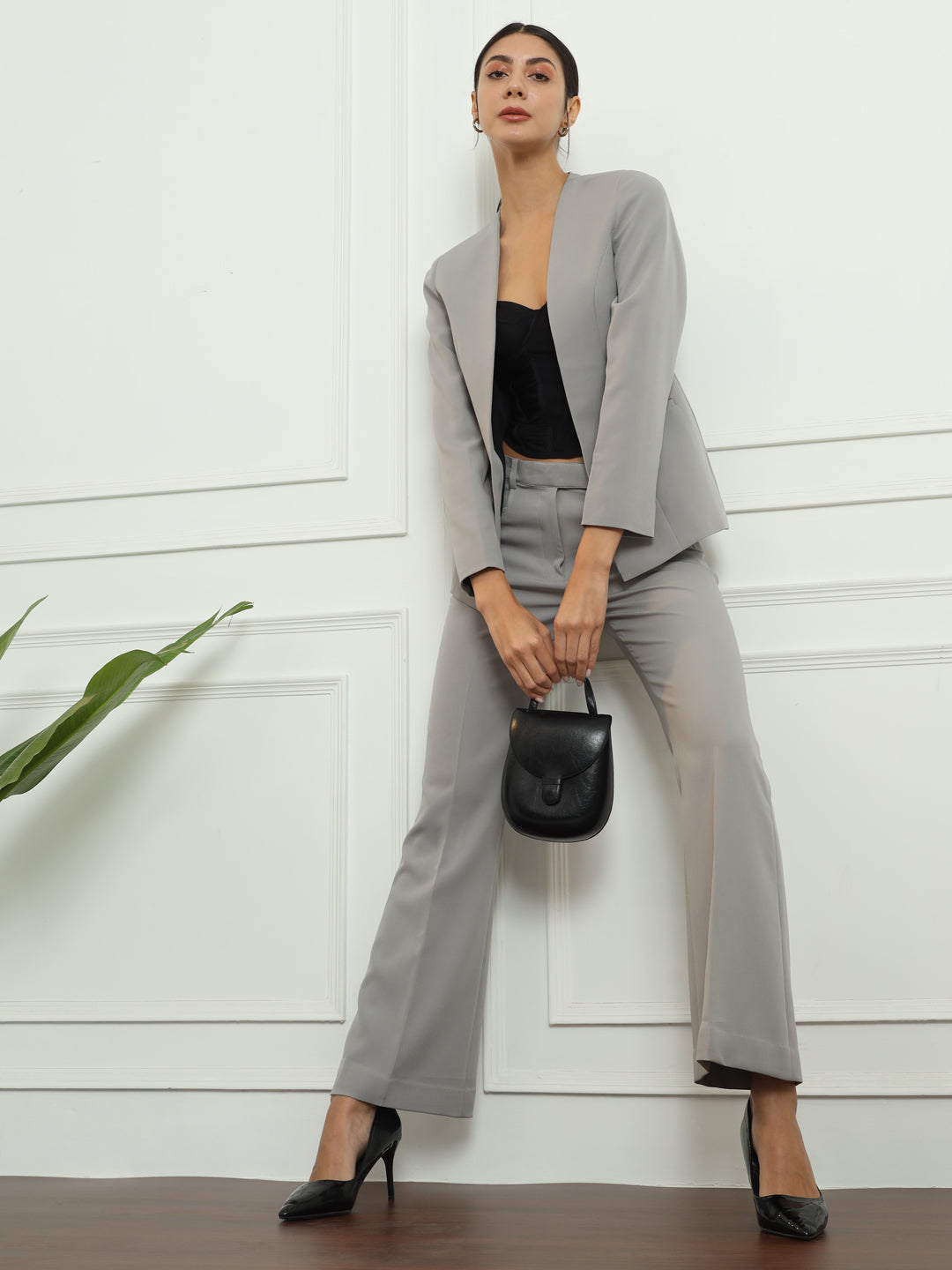 Lapel less Stretch Pant Suit- Grey