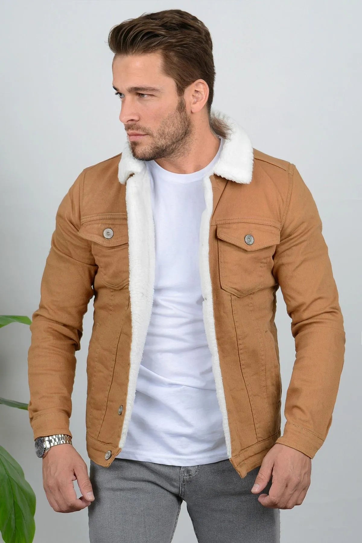 Khaki Men's Denim Jacket With White Fur