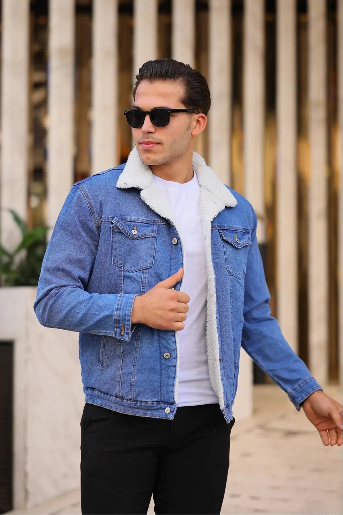 Light Blue Men's Denim Jacket With White Fur