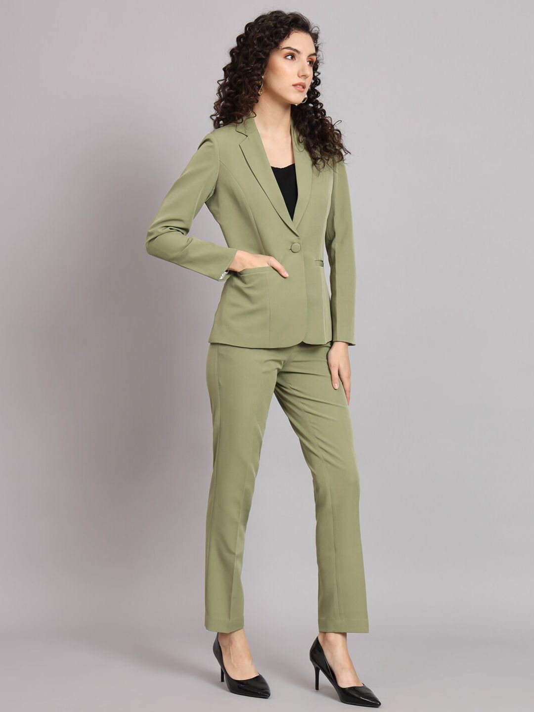 Notched Collar Pant Suit - Olive Green