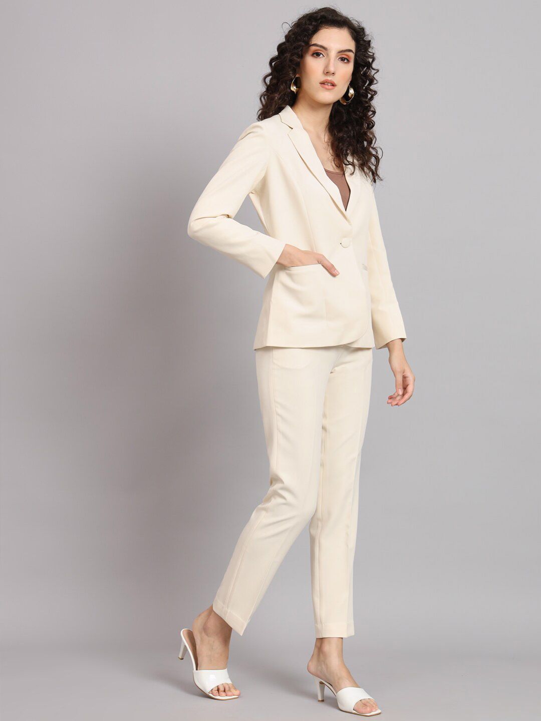 Regular Fit Notched Collar Stretch Pant Suit - Off White