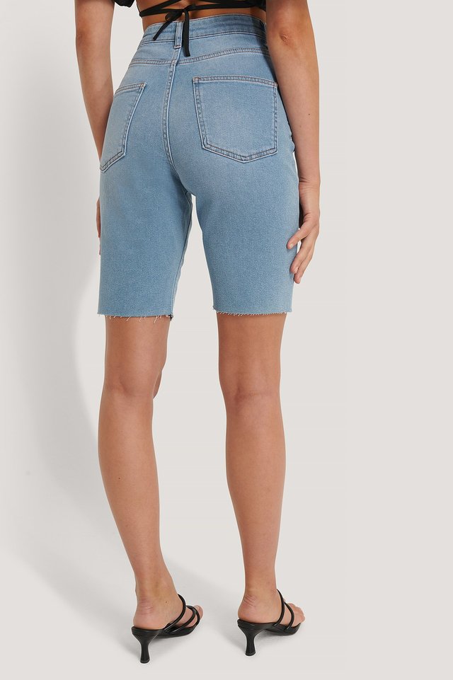 Long Denim Shorts Blue For Womens - Left Side View - AceCart