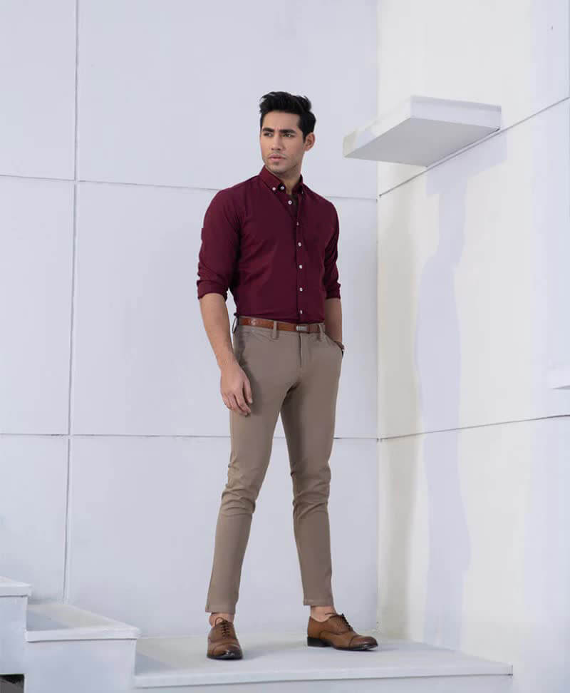 Plain Maroon Cotton Shamery Shirt For Mens