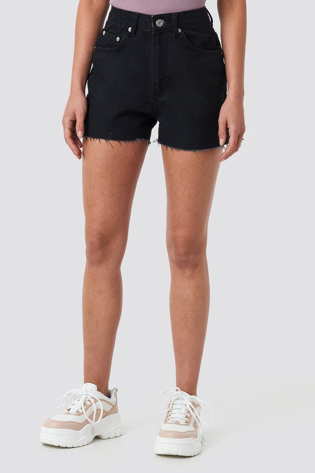 Raw Hem High Waist Denim Shorts Black For Womens - Left Side View - AceCart