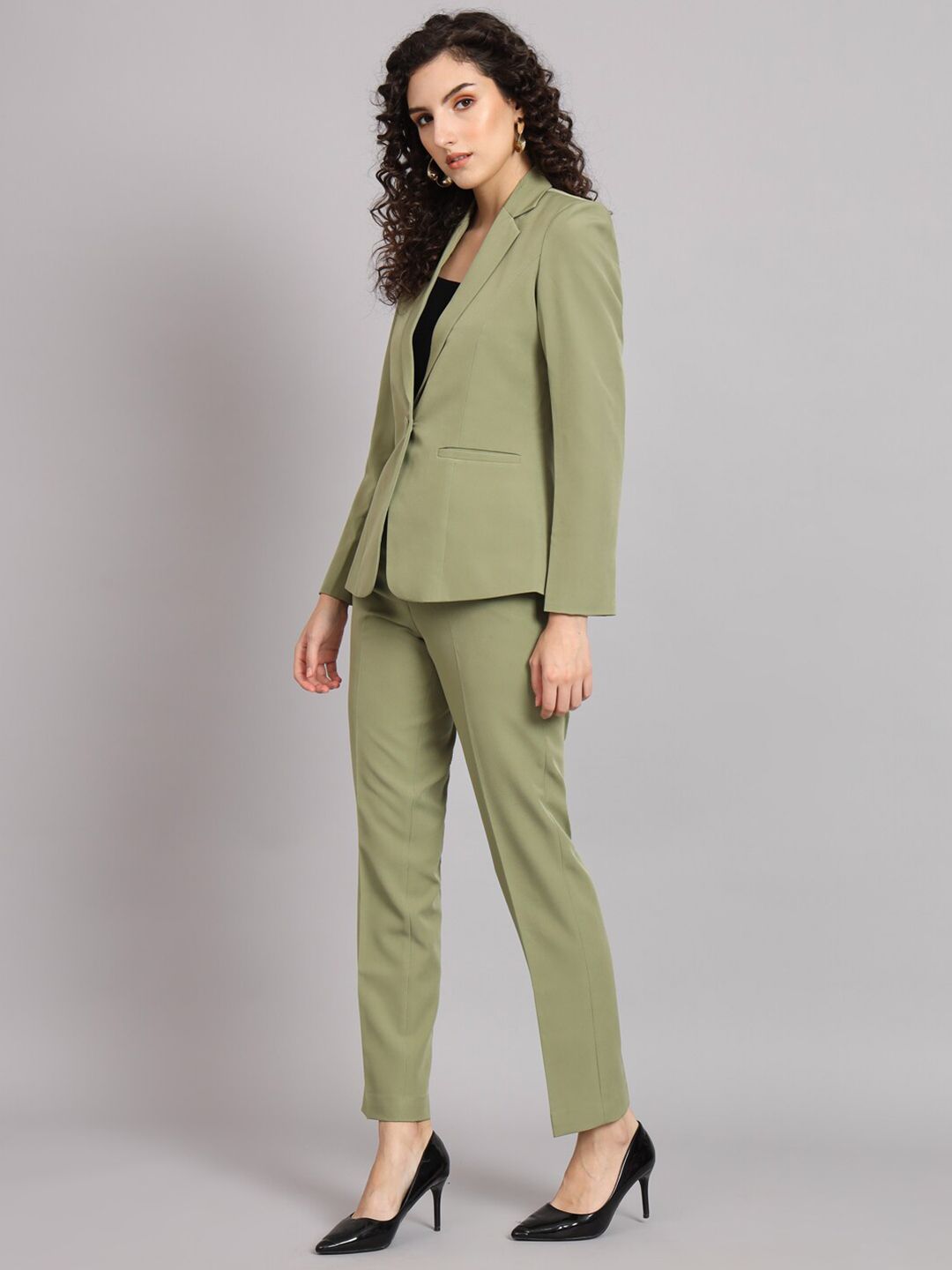 Notched Collar Pant Suit - Olive Green