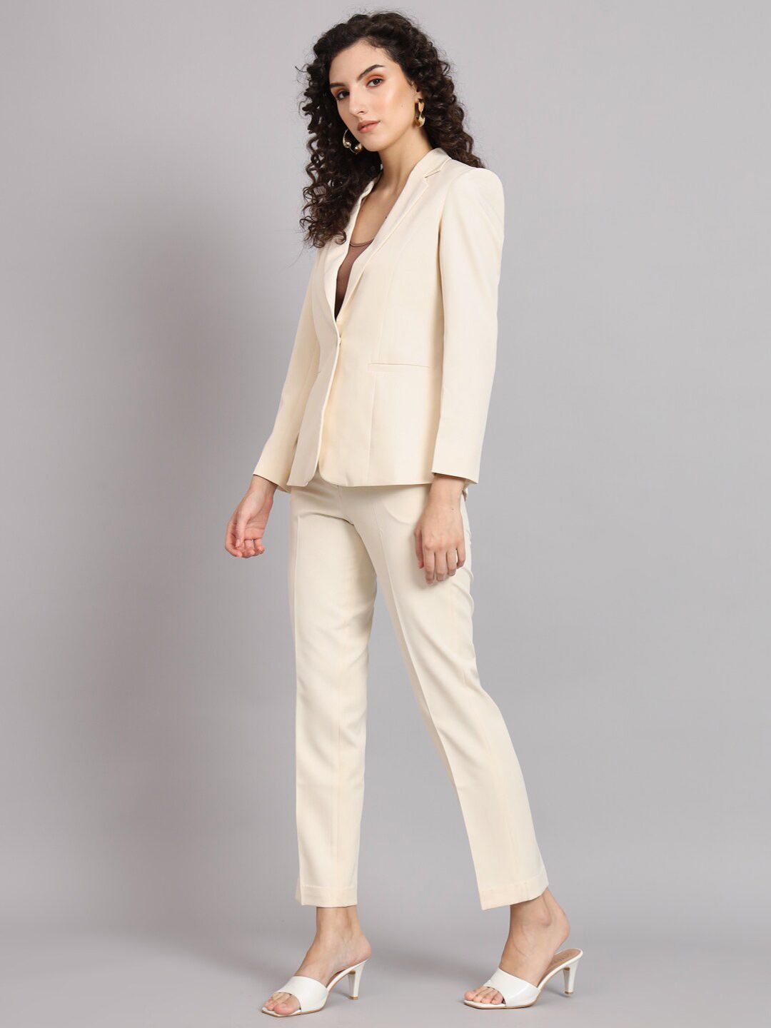 Regular Fit Notched Collar Stretch Pant Suit - Off White