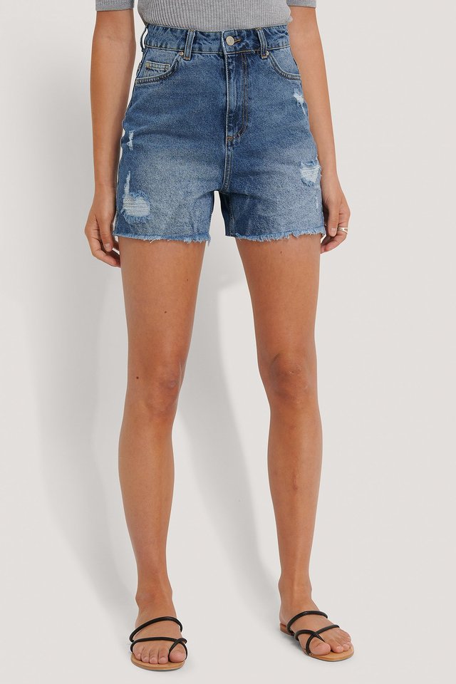 Raw Hem Denim Shorts ACE8 Blue For Womens - Right Side View - AceCart