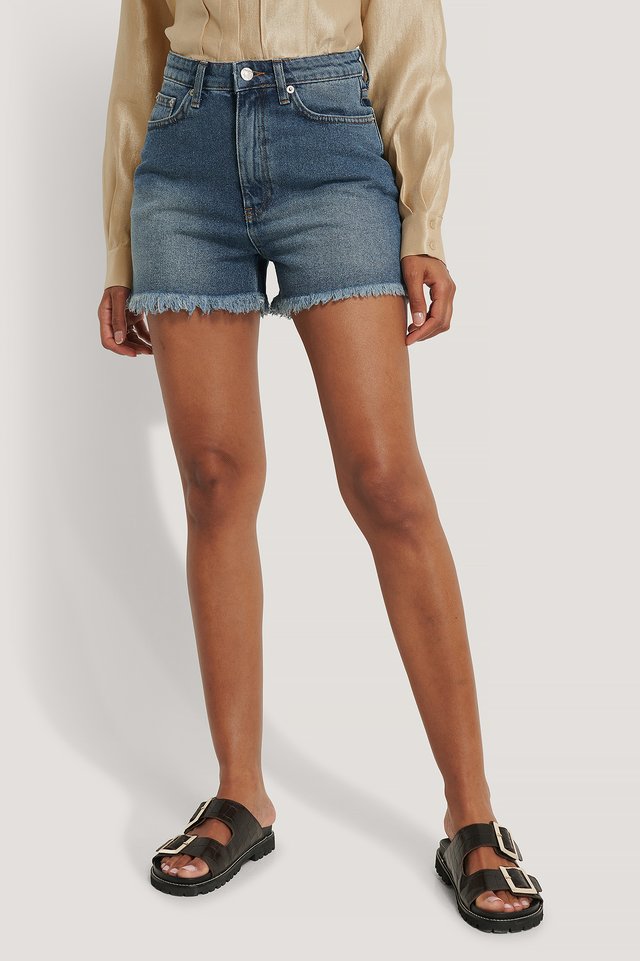 Raw Hem Denim Shorts ACE7 Blue For Womens - Right Side View - AceCart