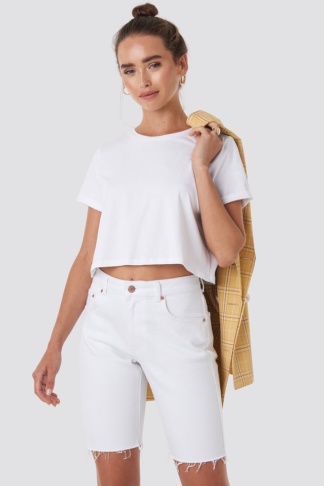 Raw Hem Denim Cycling Shorts White For Womens - Front View - AceCart