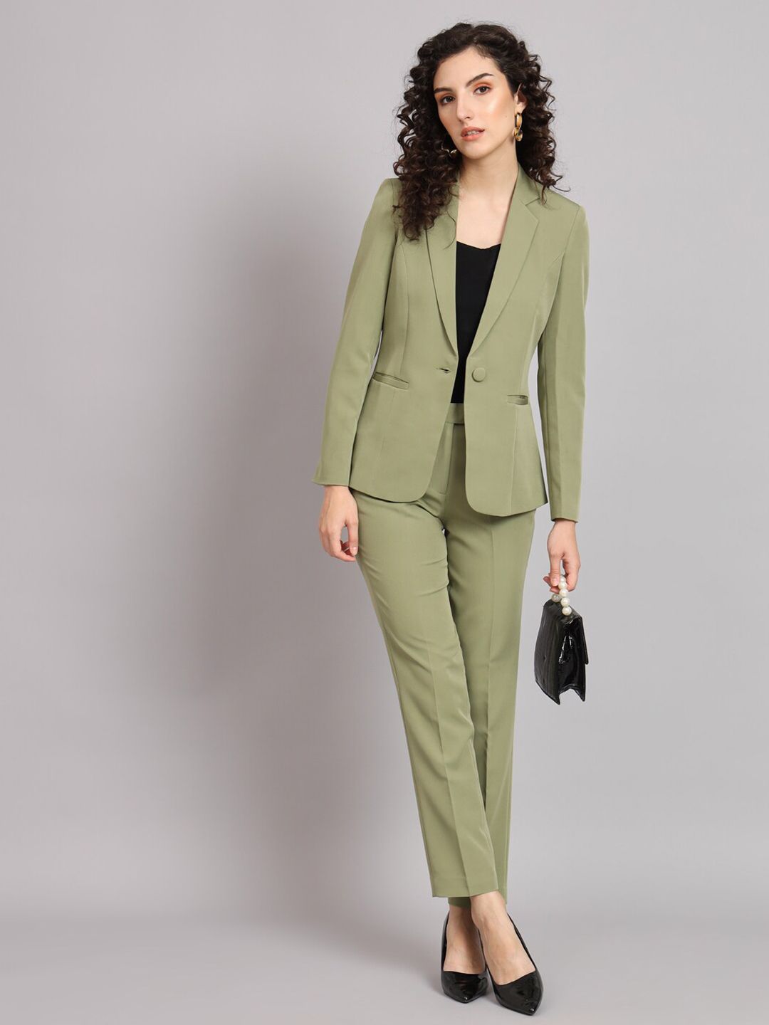 Notched Collar Pant Suit - Olive Green