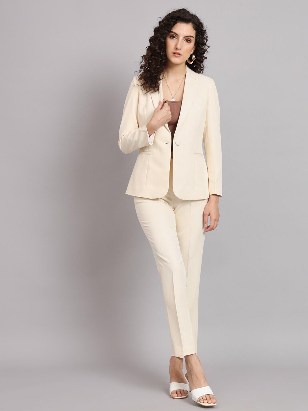 Regular Fit Notched Collar Stretch Pant Suit - Off White