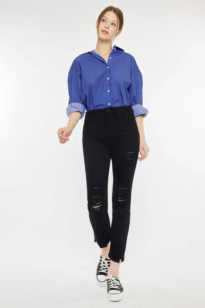 Damaged Ultra High Rise Slim Black Straight Leg Jeans