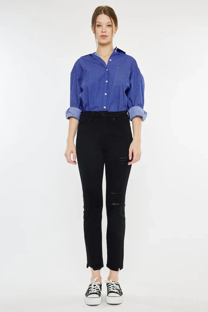 Damaged Ultra High Rise Slim Black Straight Leg Jeans