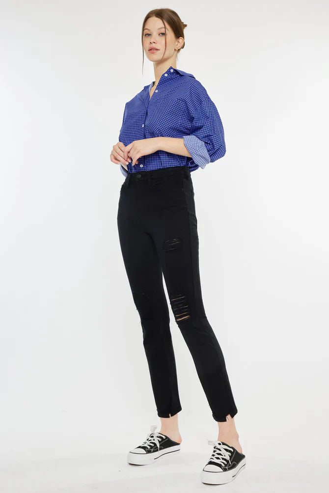 Damaged Ultra High Rise Slim Black Straight Leg Jeans