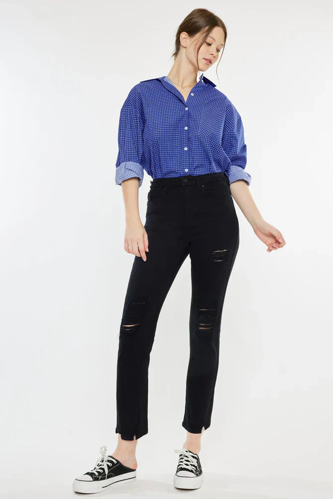 Damaged Ultra High Rise Slim Black Straight Leg Jeans