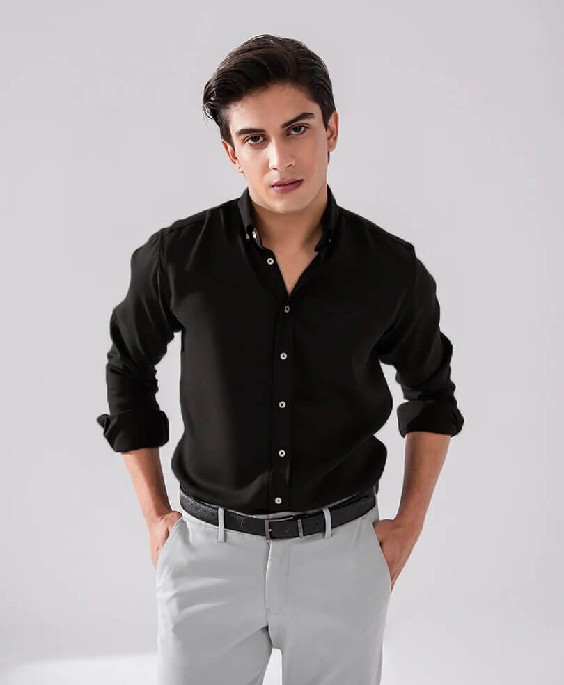 Plain Black Cotton Shamery Men Shirts