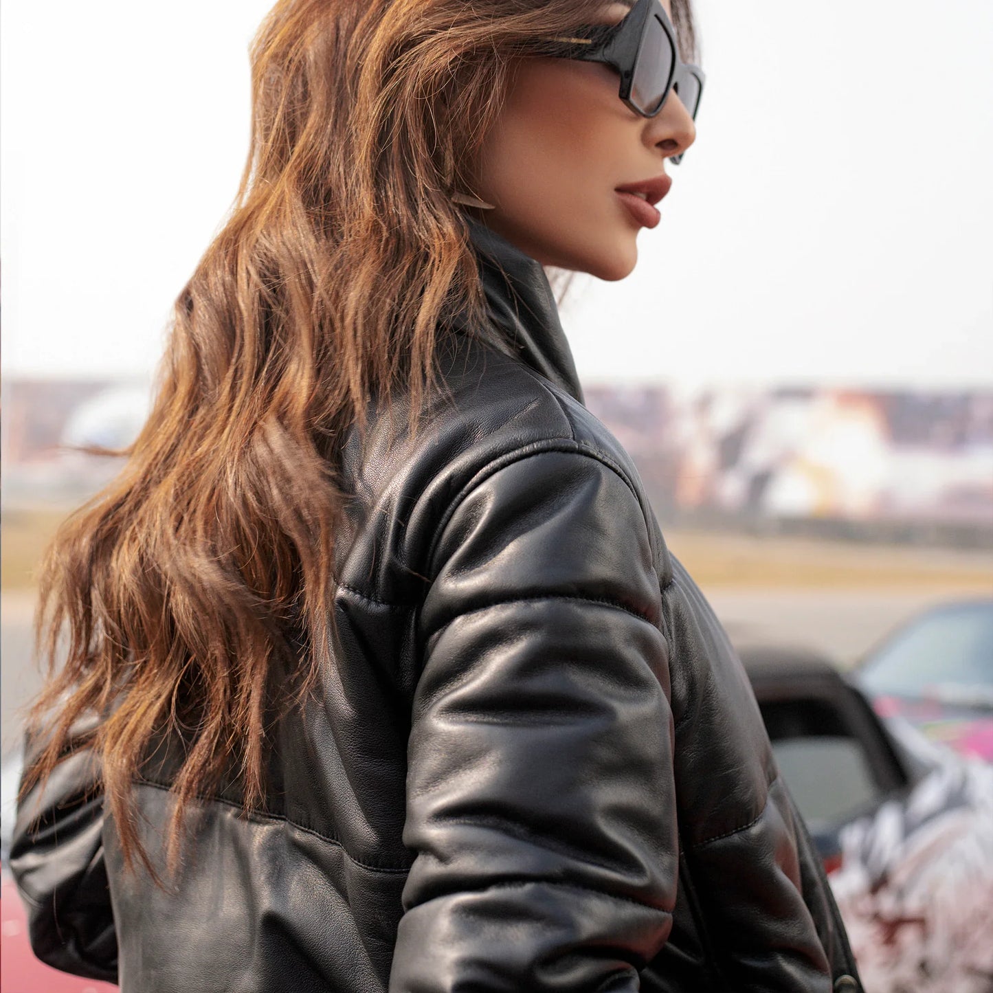 Quilted Bomber Women Black Leather Jacket