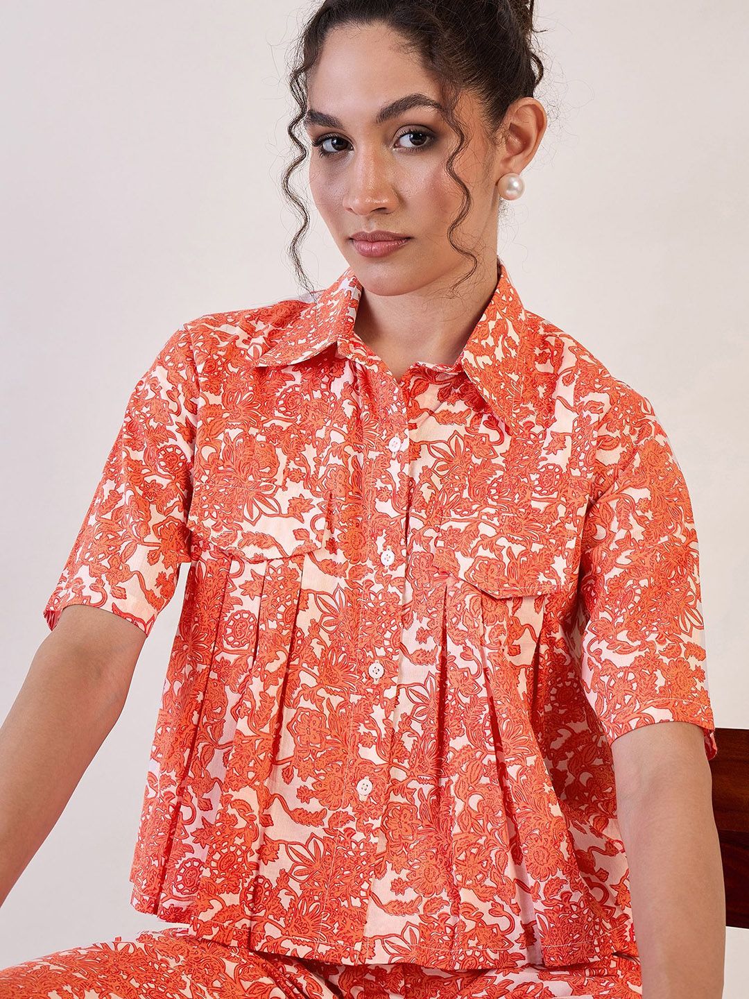 White Floral Collar Shirt With Straight Trouser