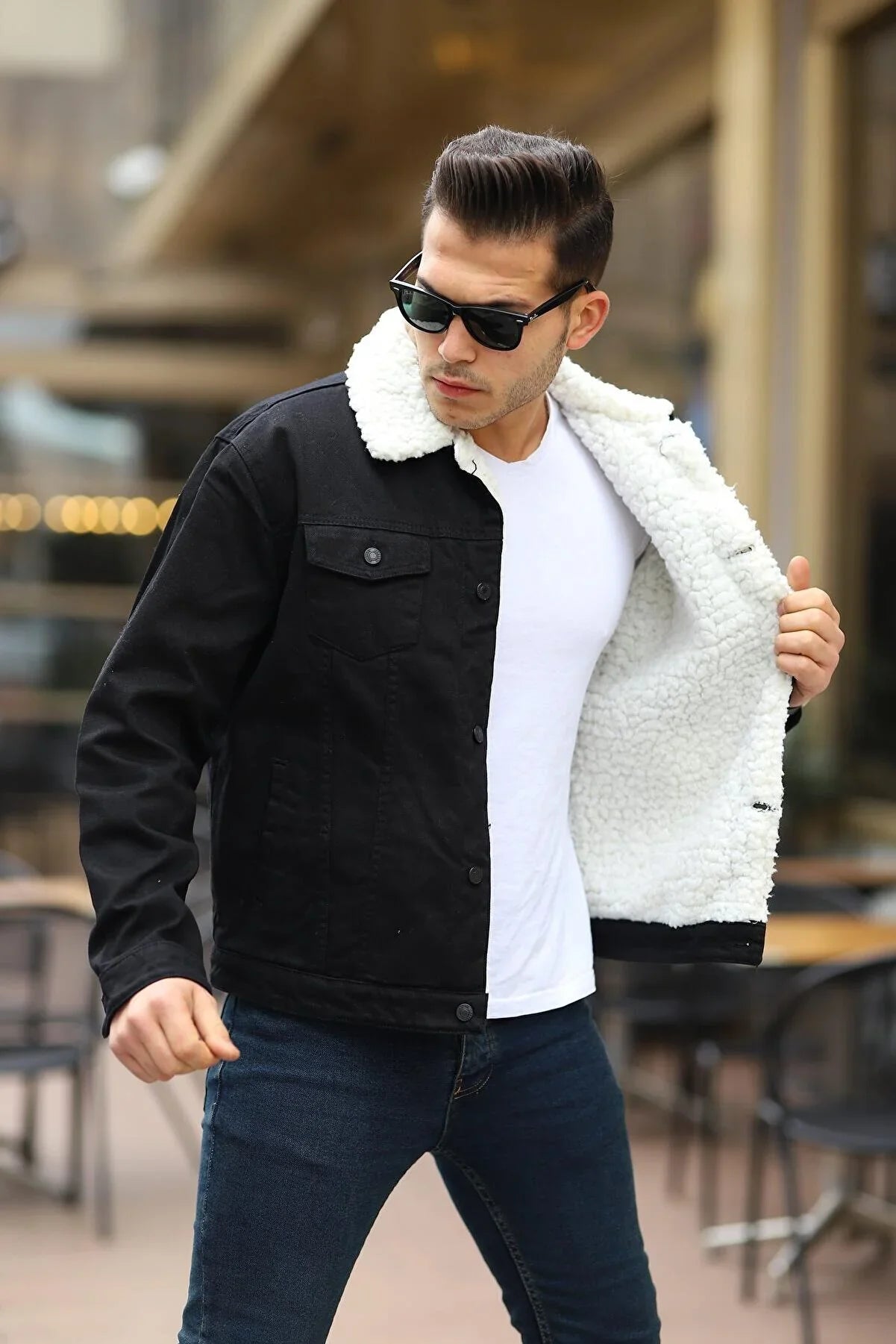 Black Men's Denim Jacket With White Fur