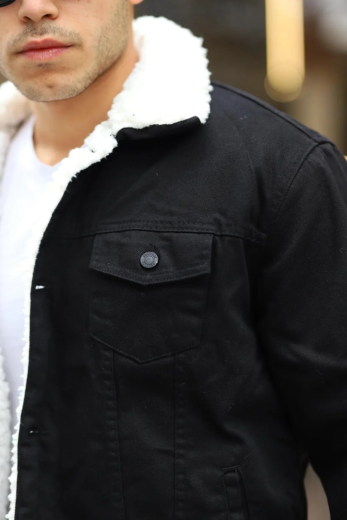 Black Men's Denim Jacket With White Fur