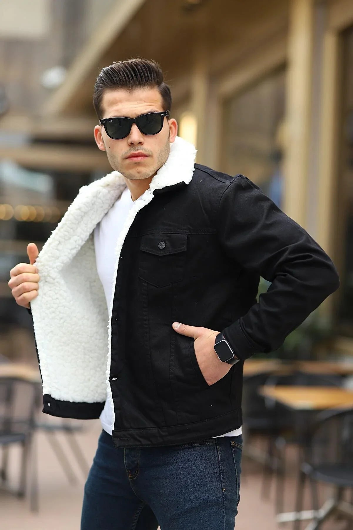 Black Men's Denim Jacket With White Fur