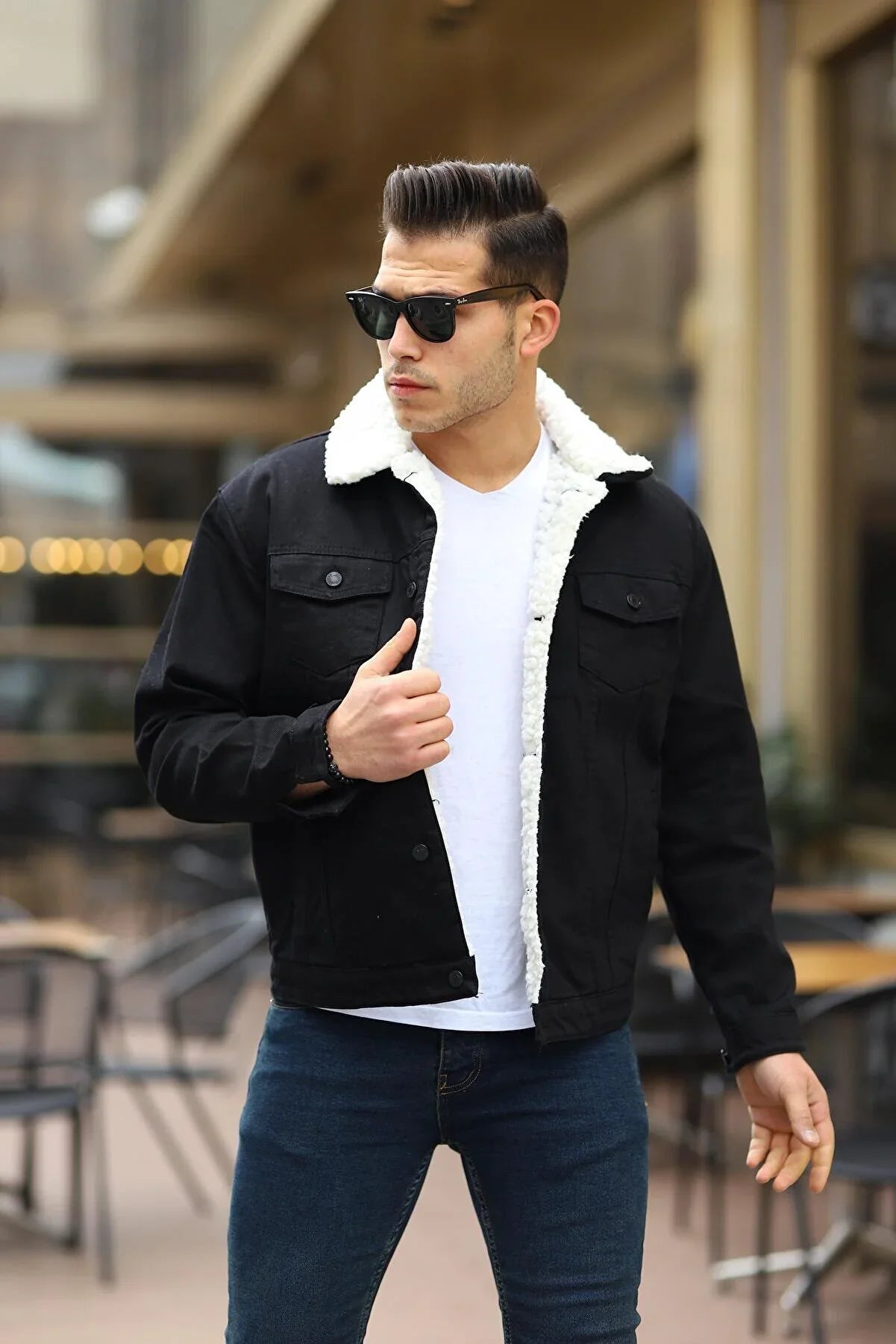 Black Men's Denim Jacket With White Fur