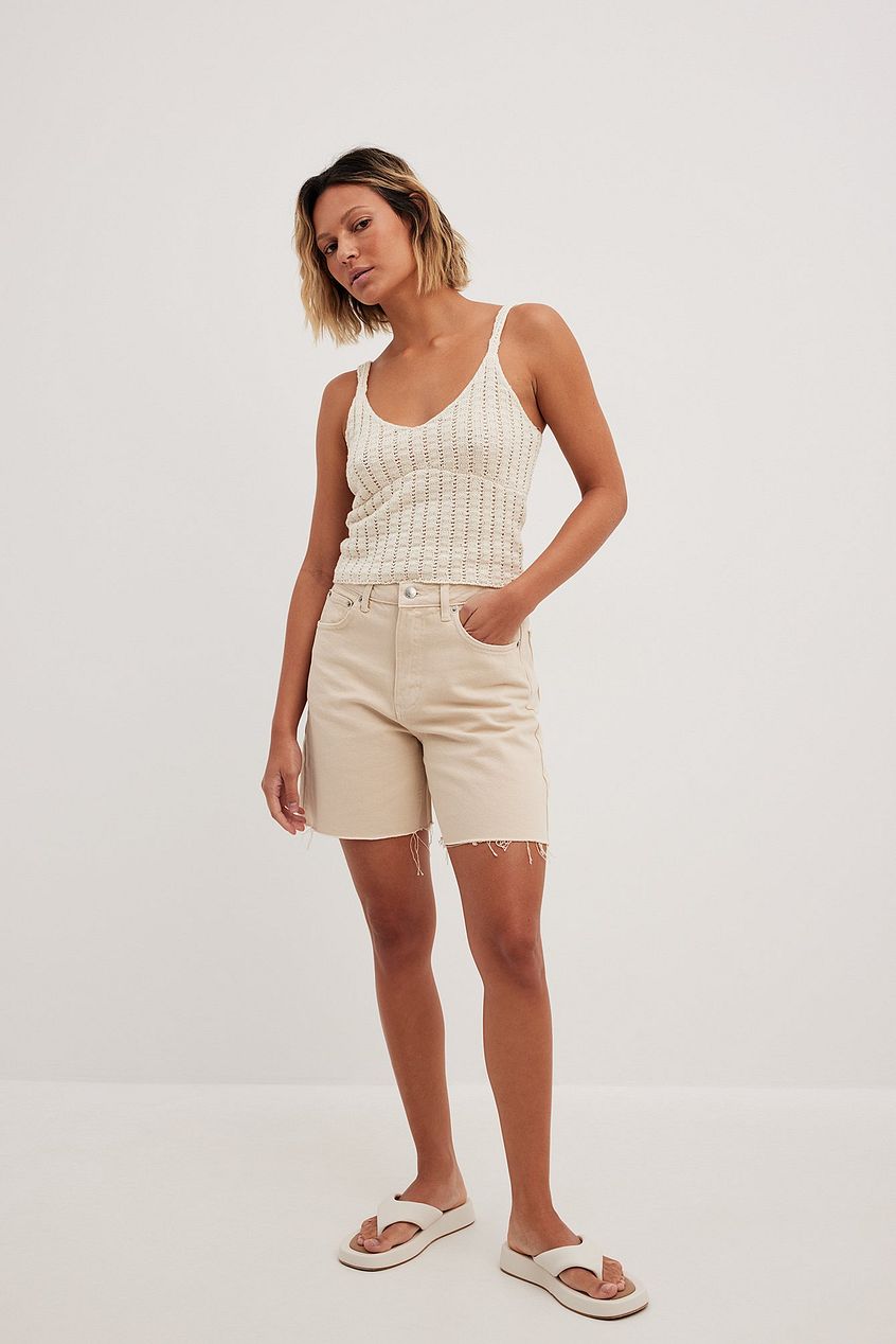 High Waist Raw Hem Denim Shorts Beige - Front View - AceCart