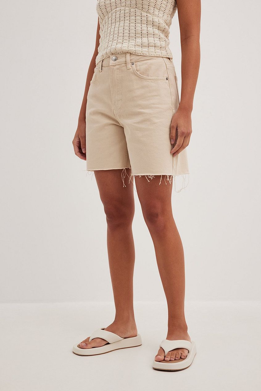 High Waist Raw Hem Denim Shorts Beige - Left View - AceCart