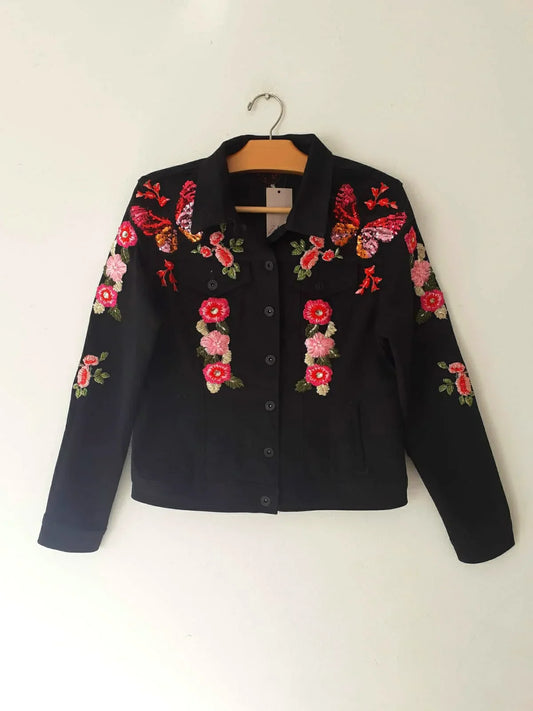 Sequin butterfly Women Denim jacket with flowers