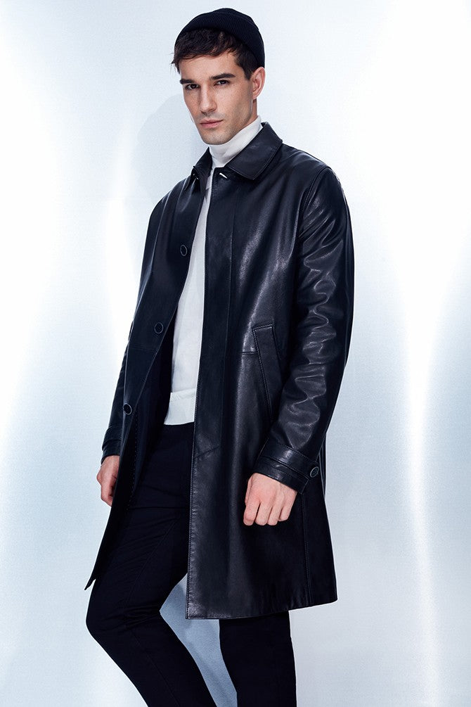 Ace Black Bruyne Men’s Genuine Leather Coat Black -Front View