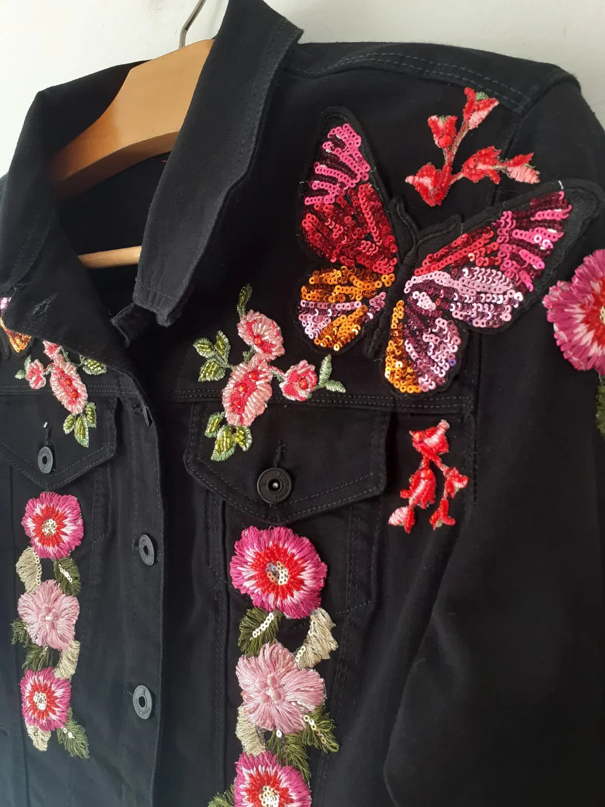 Sequin butterfly Women Denim jacket with flowers