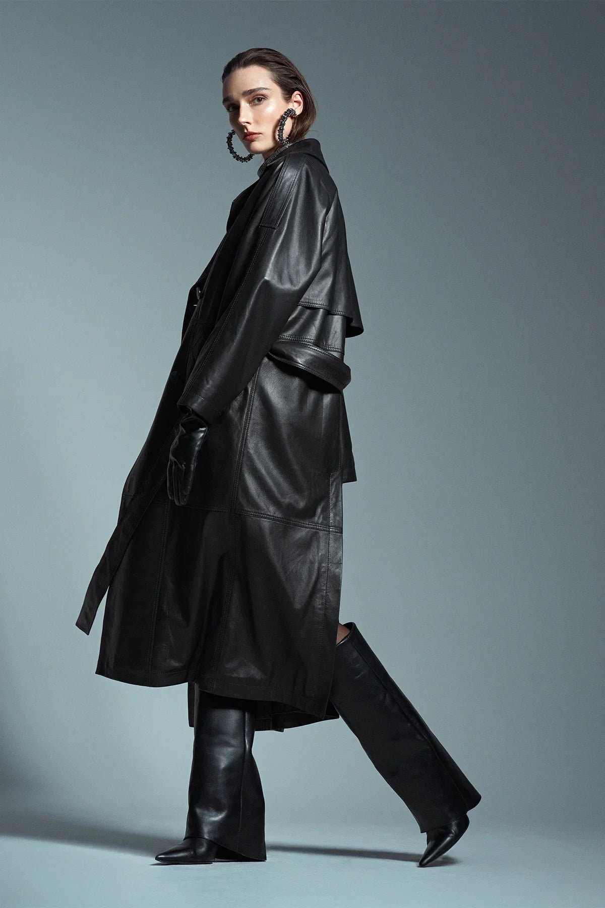 Women’s Black Double Breasted Long Leather Trench Coat
