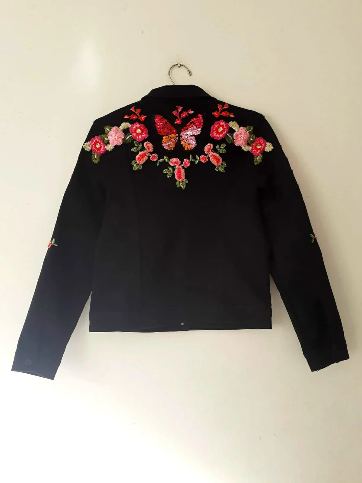 Sequin butterfly Women Denim jacket with flowers