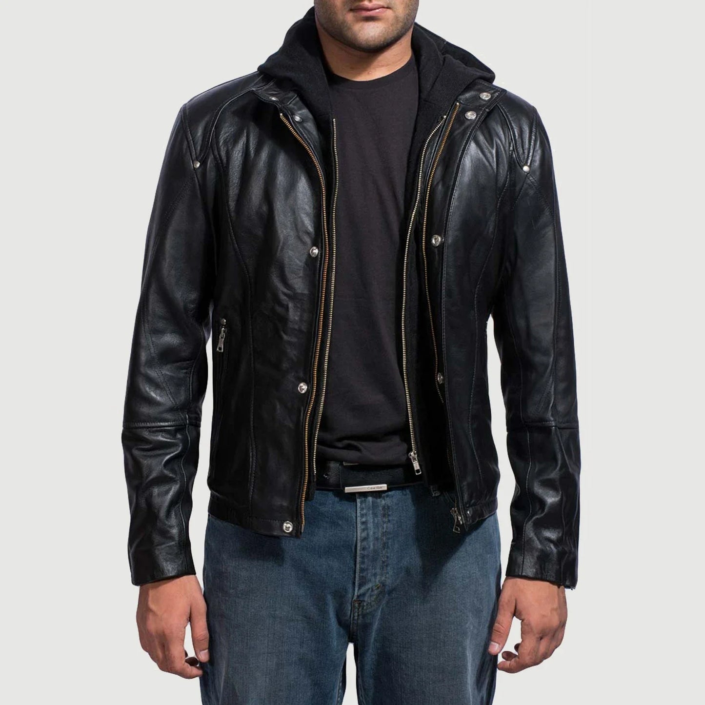 Ace Black Hooded Genuine Leather Jacket