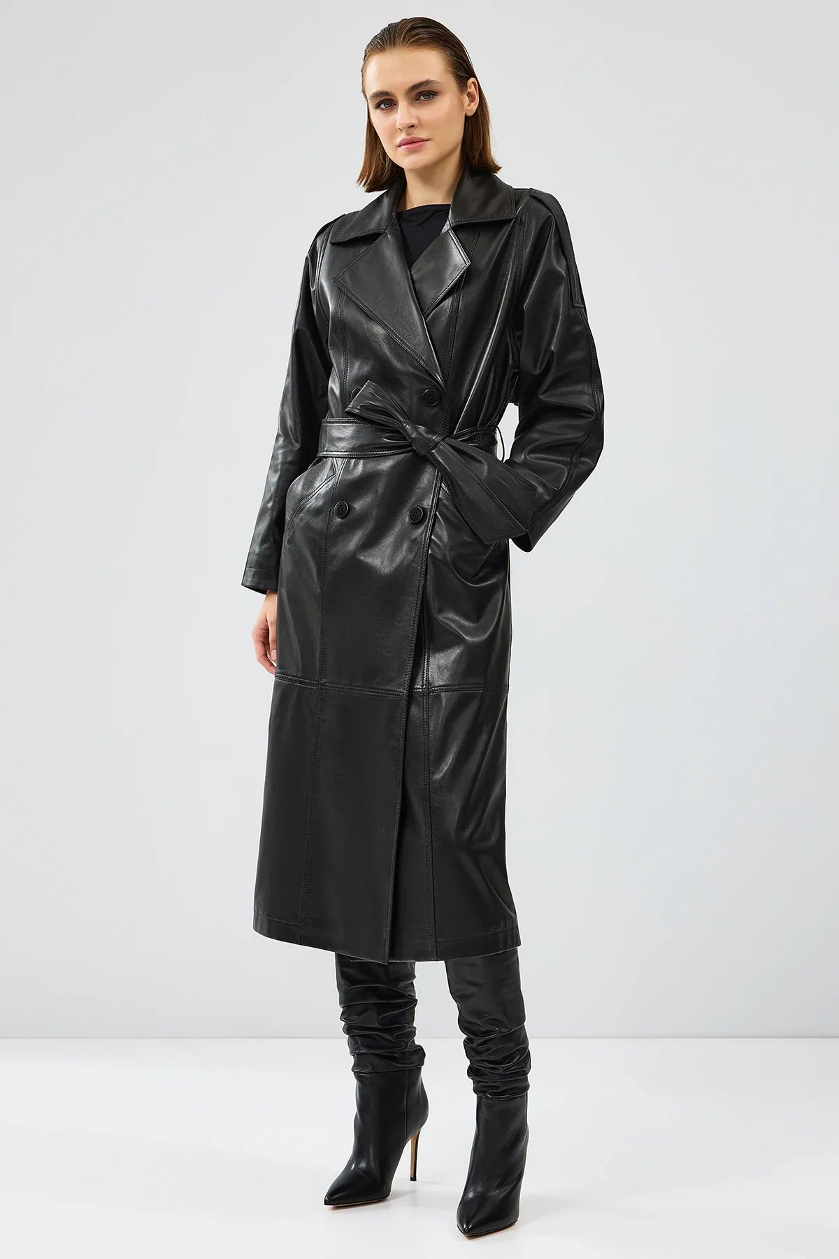 Women’s Black Double Breasted Long Leather Trench Coat