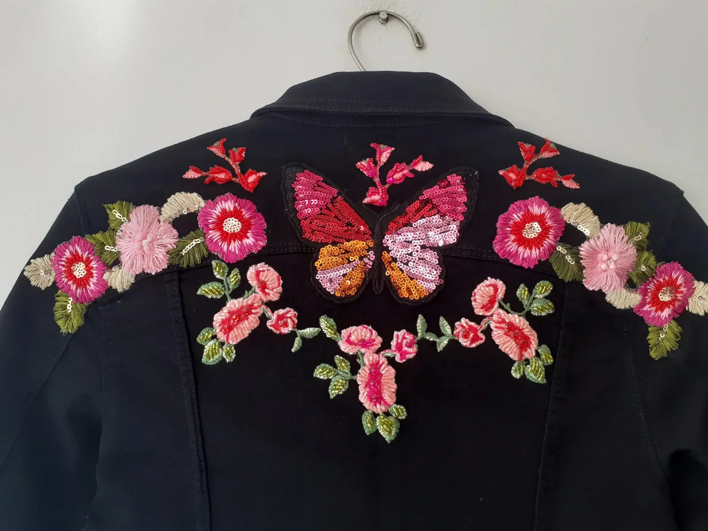 Sequin butterfly Women Denim jacket with flowers